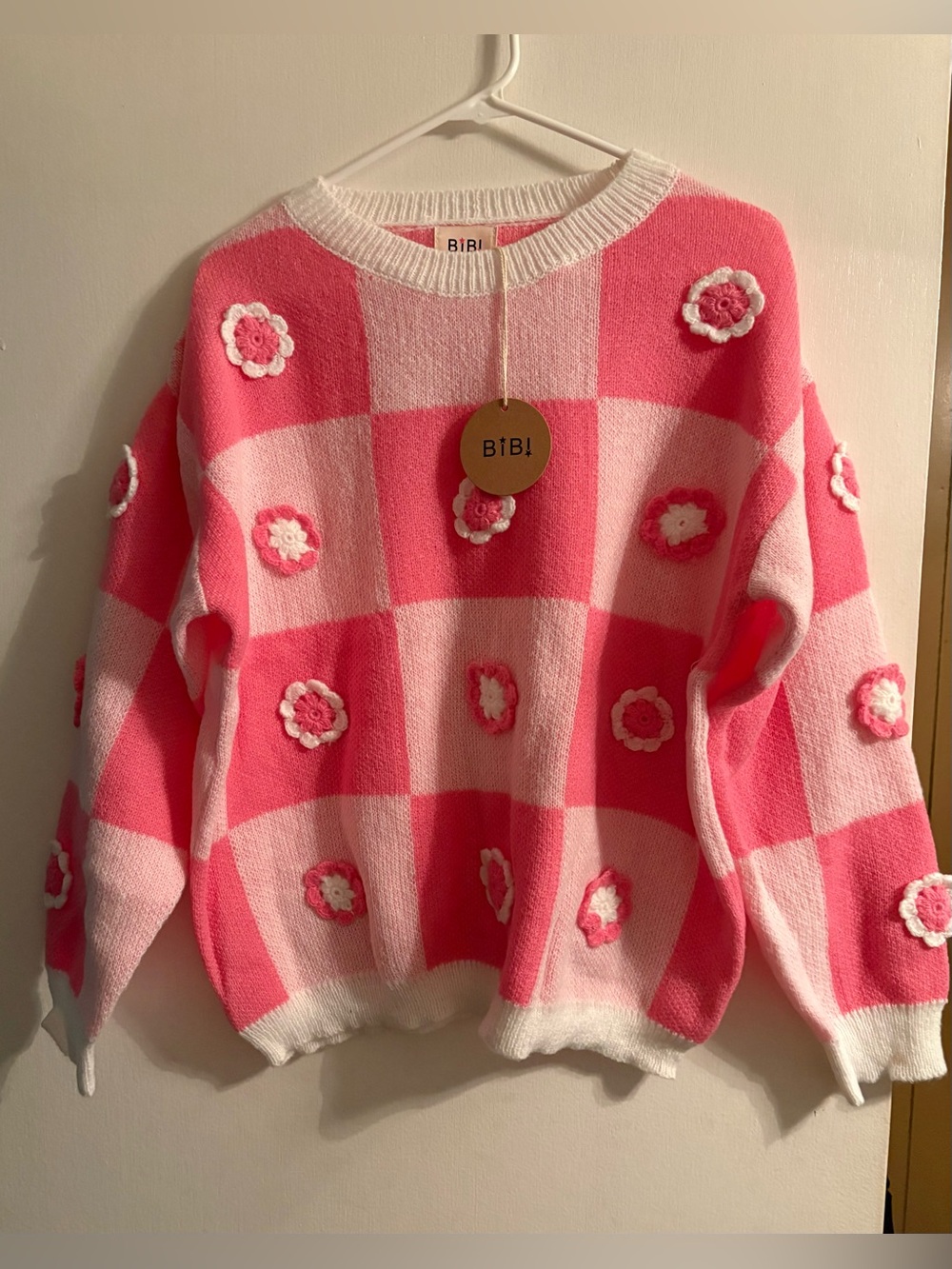 NWT BiBi Color Block Sweater with Crochet Flowers
